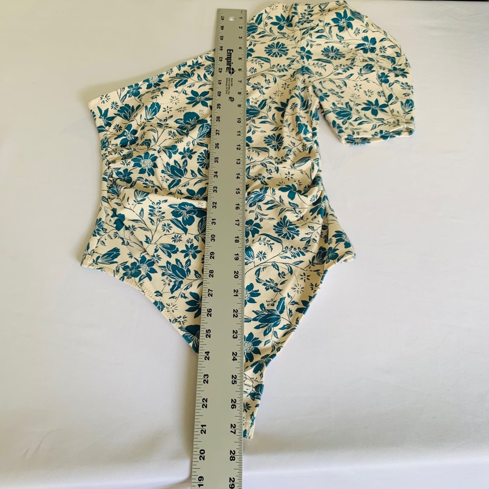 Free People Bodysuit Women S Cream Blue Floral One Shoulder Puff‎ Sleeve Boho - Picture 8 of 12